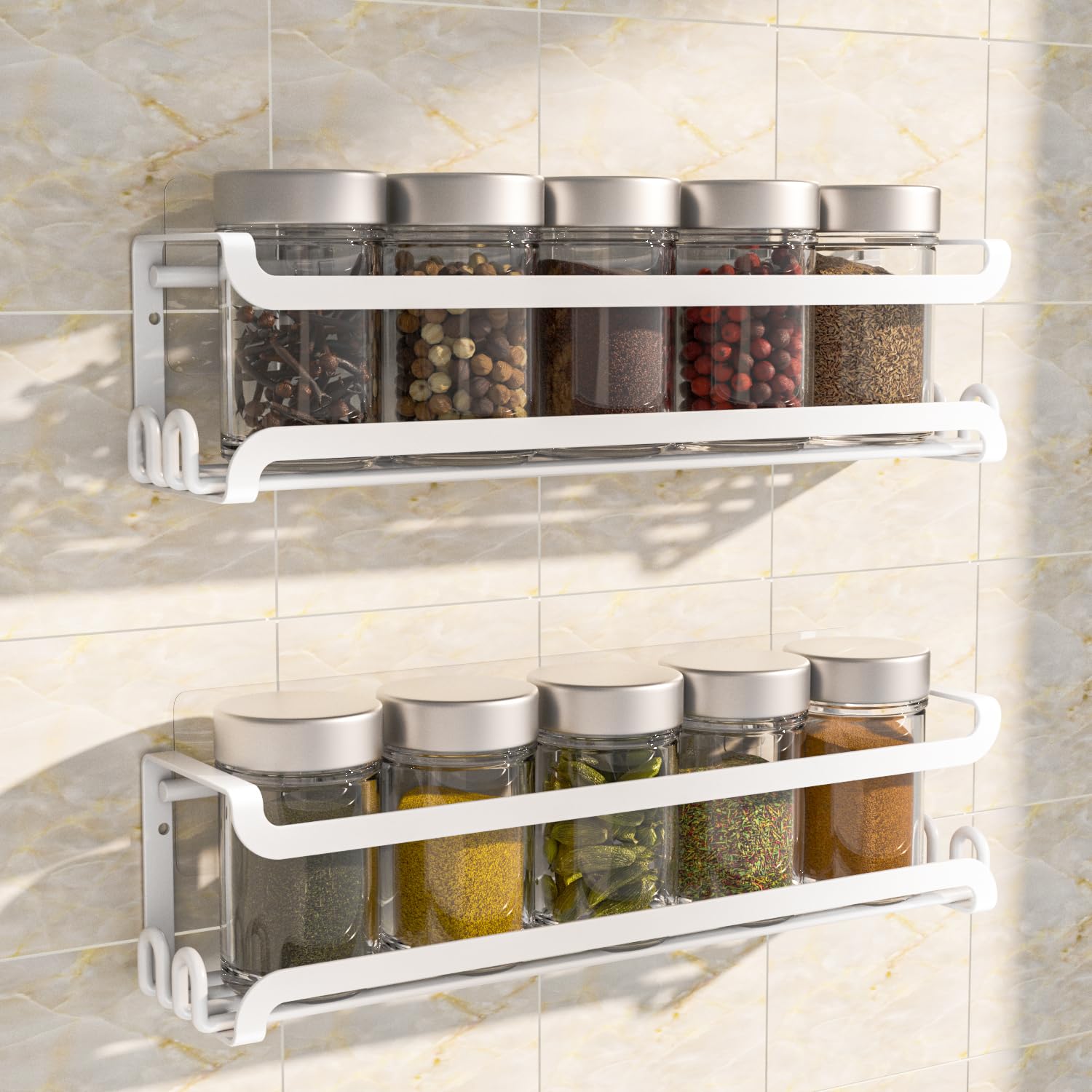 Photo 1 of LUCYCAZ 2 Pack Wall Mounted Spice Rack with 16 Hooks, Spice Organizer Shelf for Stove Cabinet Pantry Door,Screw or Adhesive Spice Shelf Hanging Wall Spice Rack in Kitchen and RV (White, 2 PACK)
