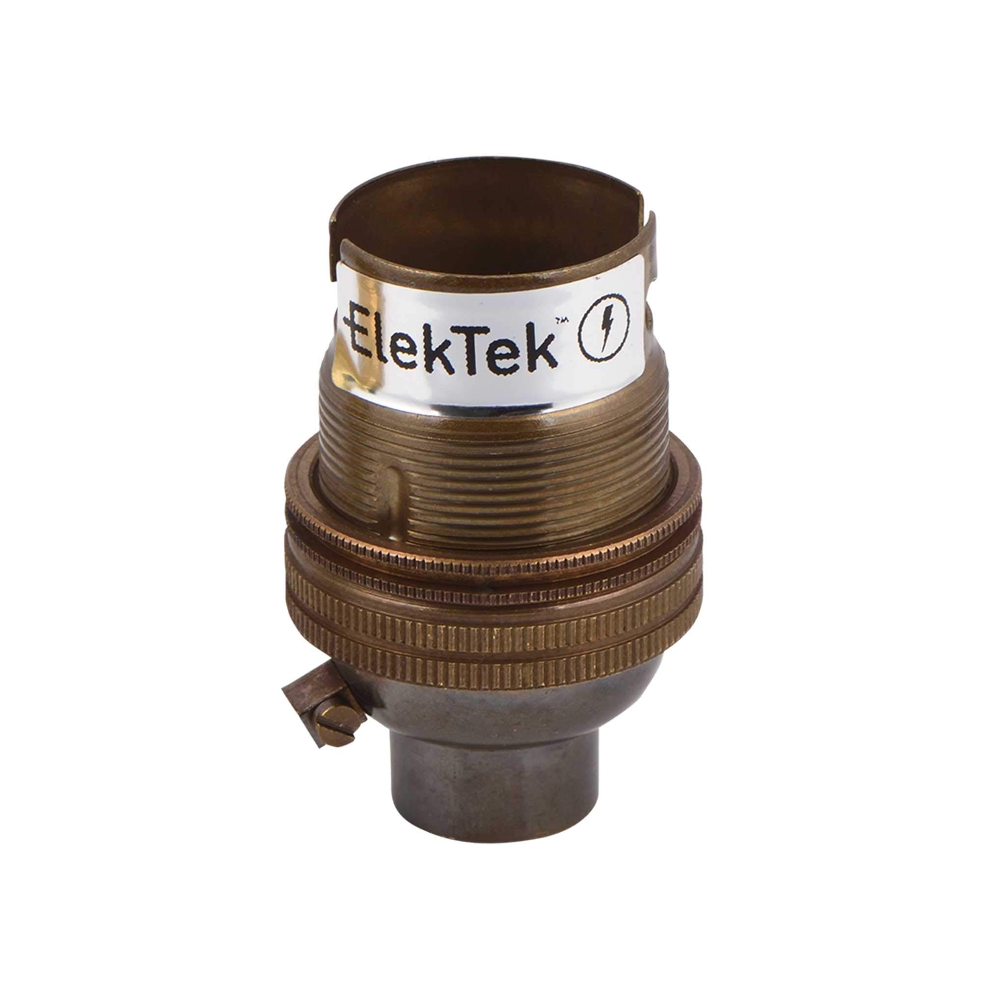 ElekTek Unswitched Lamp Holder B22 BC Bayonet Cap with Shade Ring 1/2" 26TPI Threaded Bottom Entry - Made in UK - Antique Brass