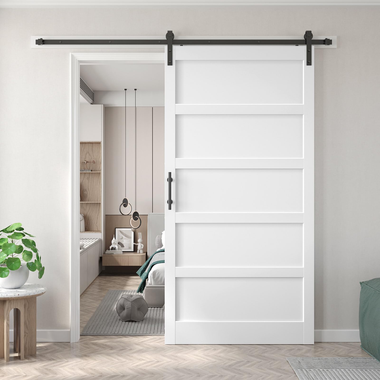 Photo 1 of Fredbeck 48x96 inch White Barn Door with 8FT Sliding Door Hardware Kit Included & Handle,MDF,Solid PVC Surface,DIY Assembly,5-Panel