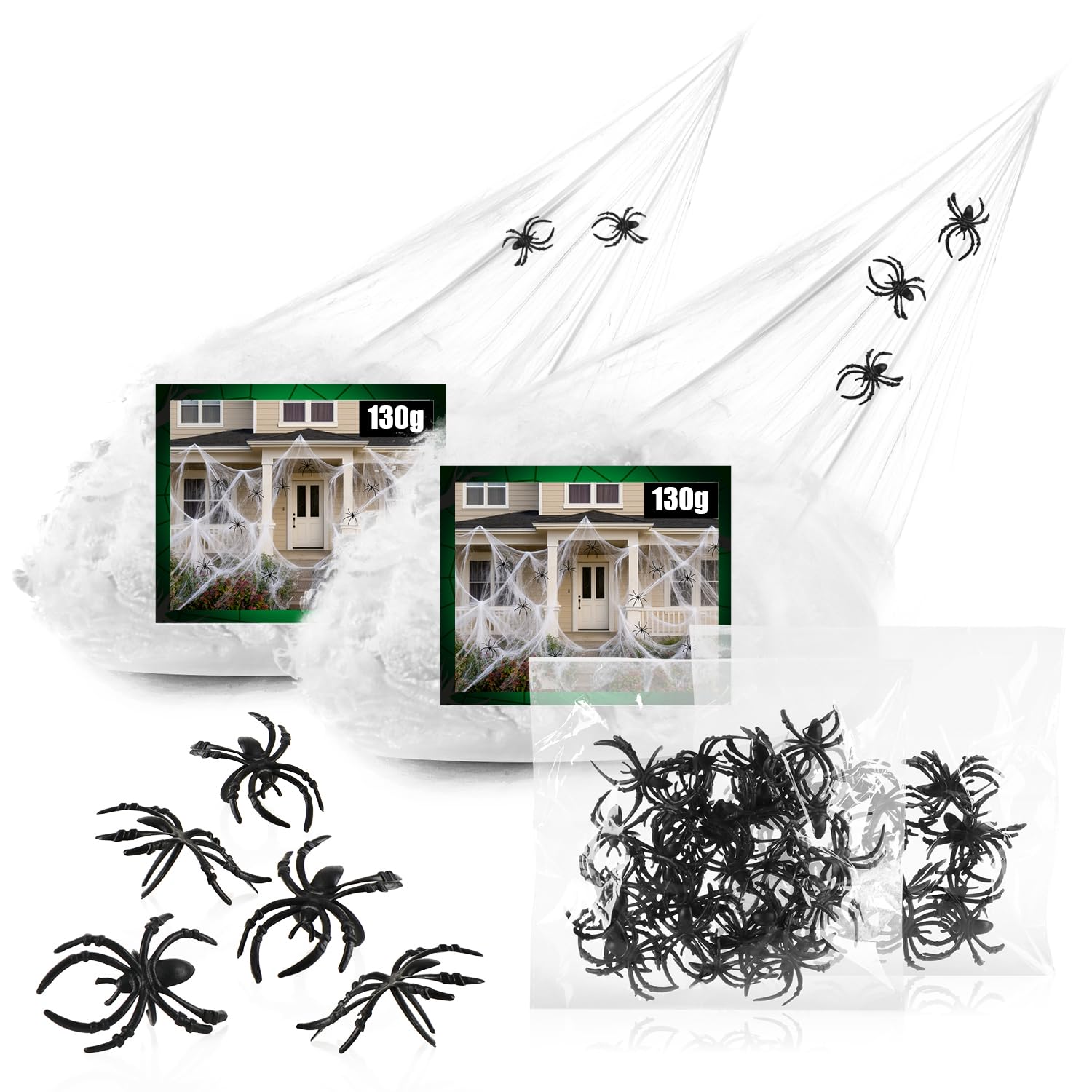 COM-FOUR® 2X Halloween Spider Web with 64 Small Black Spiders - Spider Web as a Decoration for Halloween, Carnival and Theme Parties - Decorative Spider Web