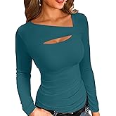 VICHYIE Womens Fashion Fall Clothes One Piece Cutout Tops Long Sleeve Ribbed Slim Fitted Shirts Tee Tshirts