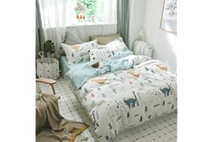BuLuTu Dinosaur Queen Kids Duvet Cover White Boys Girls Cotton,3 Pieces Premium Soft Reversible Dino Forest Print Teen Bedding Sets Queen with Zipper Closure and Ties,Cute,No Comforter