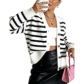 Women's Striped Cardigan Sweaters V Neck Open Front Sweaters Lightweight Long Sleeve Button Tops Ribbed Knit Outerwear