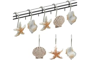 FINROS Seashell Shower Curtain Hooks,12PCS Anti Rust Decorative Resin Hooks for Bathroom, Baby Room, Bedroom, Living Room Decor (Light Brown Seashell)