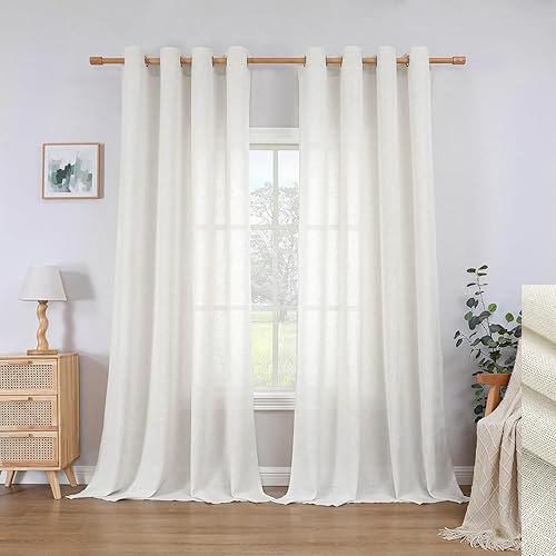 CUCRAF Linen Curtains Eyelet Sheer Net Voile 2 Panels 55" Width x 84" Drop Light Beige