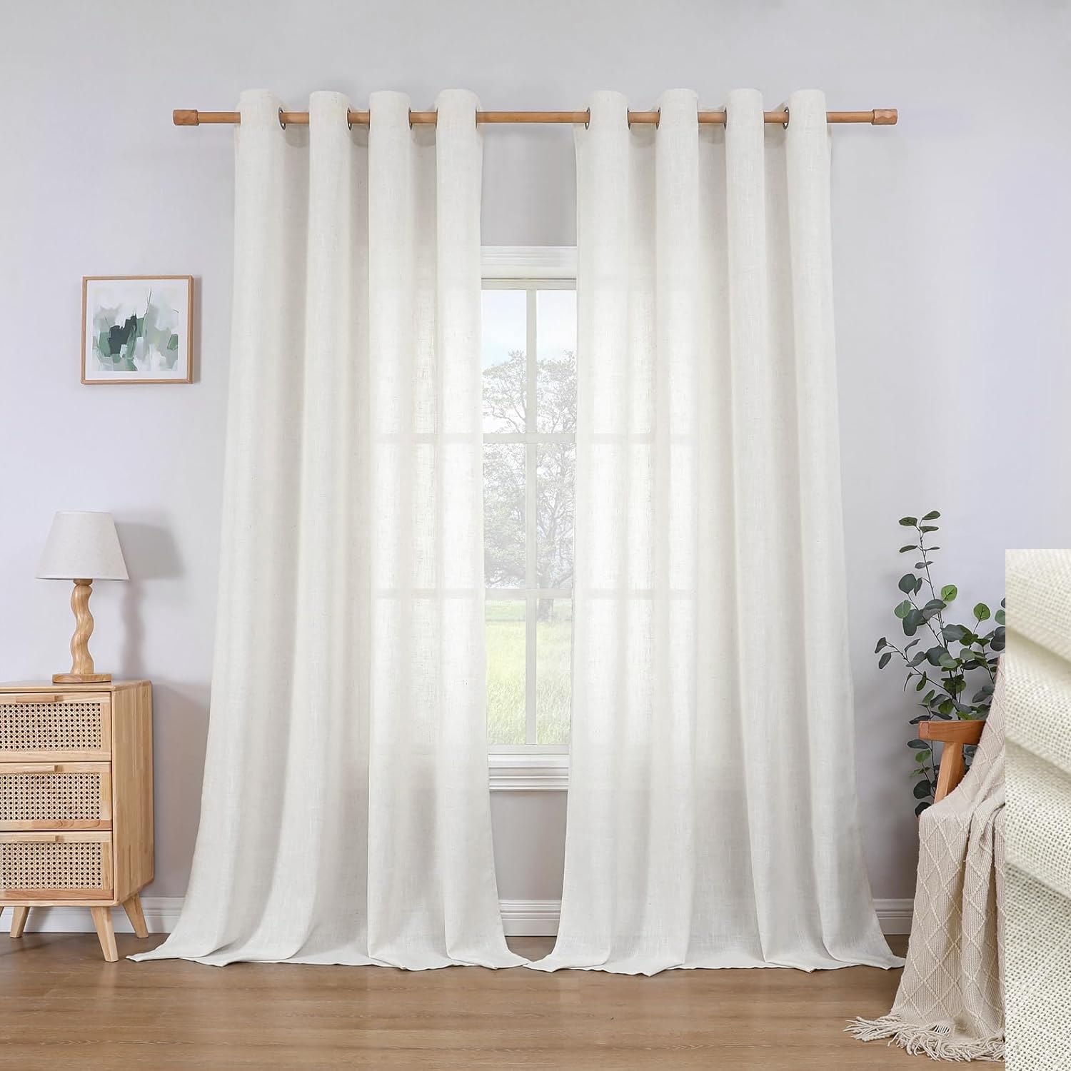 CUCRAF Linen Curtains Eyelet Sheer Net Voile 2 Panels 55" Width x 54" Drop Light Beige