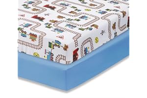Everyday Kids 2 Pack Fitted Boys Crib Sheet, 100% Soft Breathable Sheet, Fits Standard Size Crib Mattress 28in x 52in, Nursery Sheet - Train/Light Blue