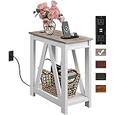 WLIVE Narrow End Table with Charging Station Farmhouse Side Table Slim | ETL Listed 2 AC Outlets + 2 USB Ports; Sturdy A-Shaped Frame; 55 Lbs Capacity; 2 Tier Shelves; Non Slip Pads; Easy Assembly