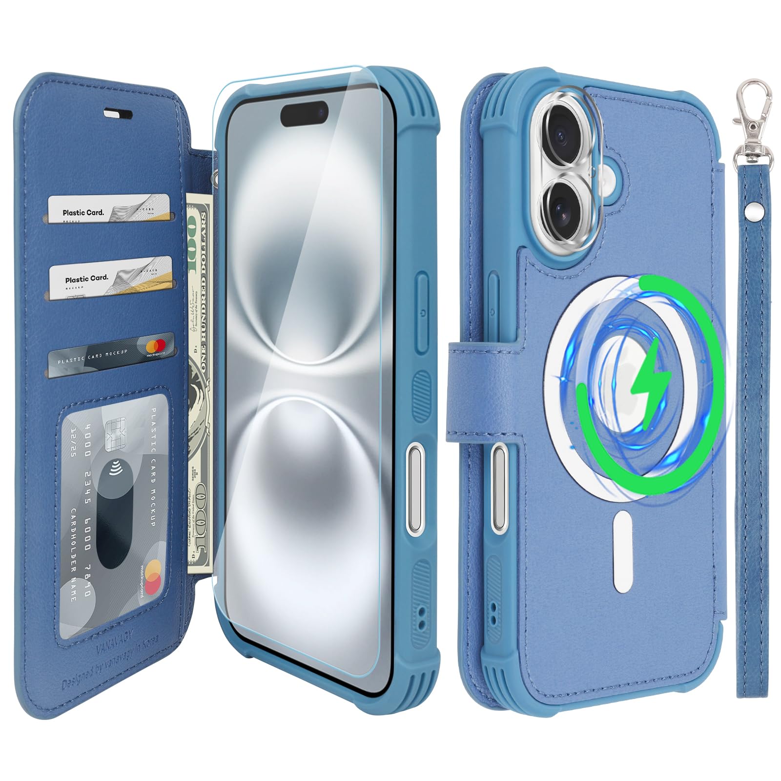 VANAVAGY Compatible for iPhone 16 Wallet Case for Magsafe Wireless Charging,Leather Flip Folio Wrist [Glass Screen Protectors and Camera Lens Protectors]with RFID Block Card Holder,Blue