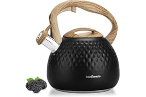 Hauce Radio Tea Kettle Stovetop,2.5QT Stainless Steel Whistling Teapot for Stove Top Aesthetic,Portable Water Kettles Camping with Anti-hot Silicone Handle,Suitable for All Heat Sources,Black
