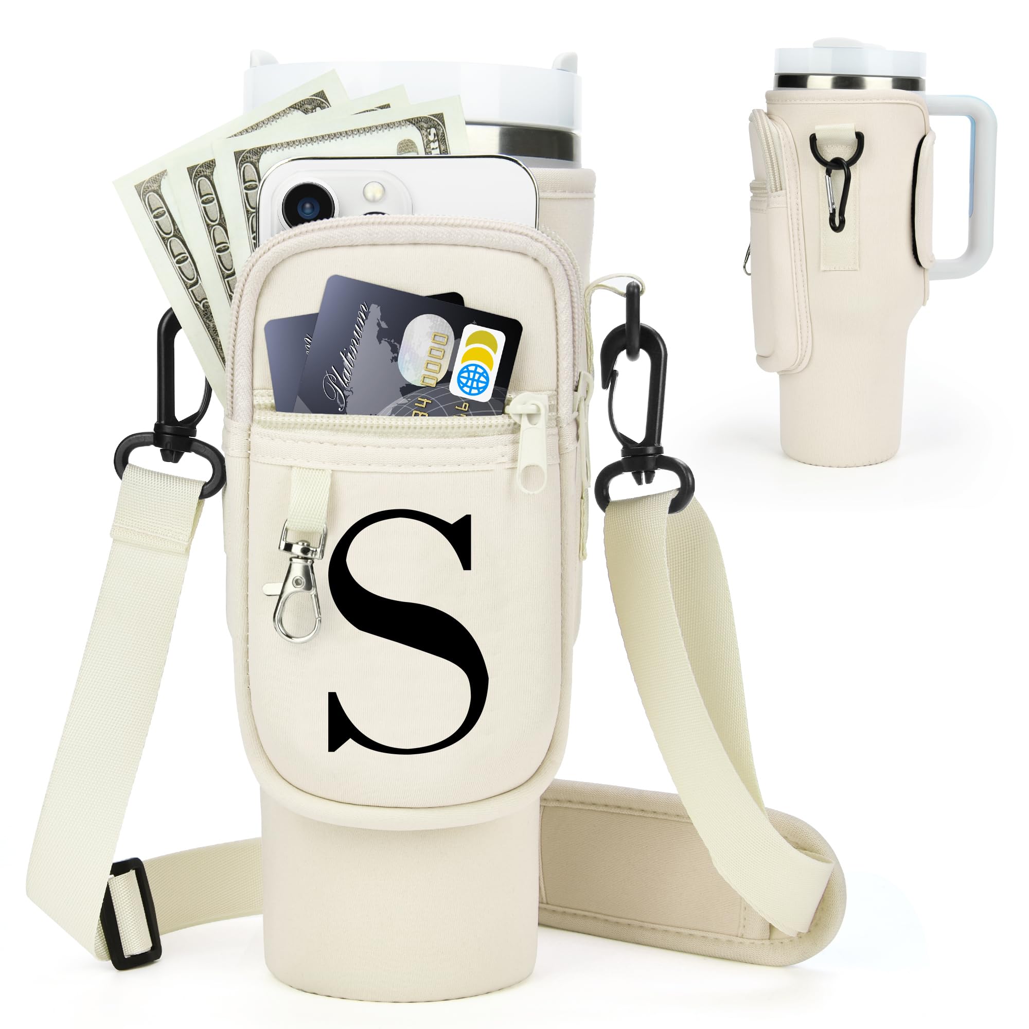 Photo 1 of Water Bottle Holder with Adjustable Strap for Stanley Cup 40 oz Tumbler with Handle, Personalized Initial, Neoprene Water Bottle Carrier Bag with Phone Pocket & Carabiner for Stanley Cup Accessories