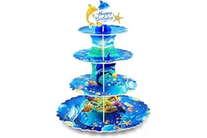 AMZWKT 4-Tier Extra Large Happy Birthday Under The Sea Ocean Cardboard Cupcake Stand Ocean Themed Birthday Party Decorations for Boys Girls First Baby Shower Baby Shark Decoration ﻿ ﻿
