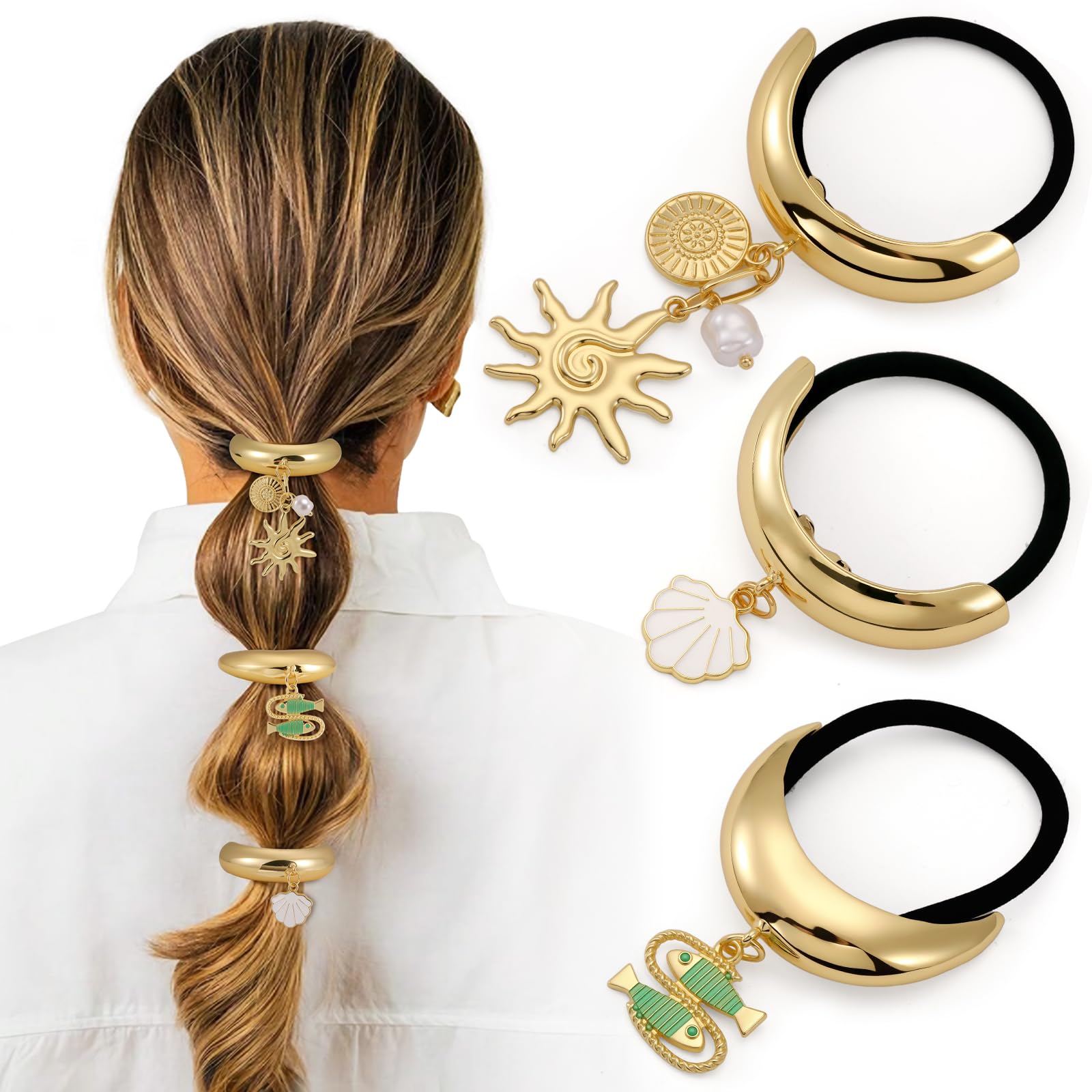 Photo 1 of 3PCS Gold Hair Ties, Metal Hair Ties for Thick Hair, Elegant Durable Geometric Design, Gold Hair Accessories with Charm Stretchy and Non-Damage Ponytail Cuff Holders, 3 Styles in Box Holiday Gifts