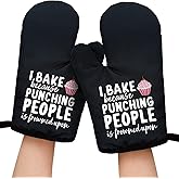 I Bake Because Punching People is Frowned Upon Funny Oven Mitts with Hanging Loop and Silicone Non-Slip, Women Men Baking Kitchen Utensils 2-Piece Set, Gifts for Bake Lover Mom Wife BFF