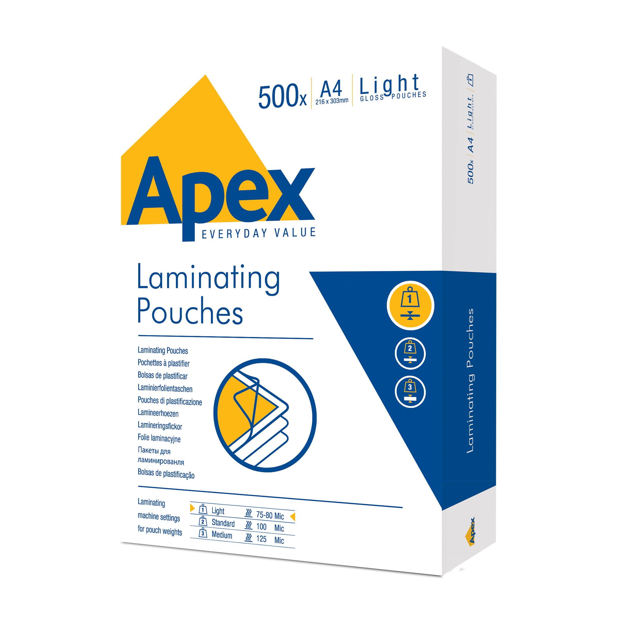 Fellowes Apex A4 Laminating Pouches, Glossy Finish, 500 Sheets - Light Duty Value Pack - Ideal for Notices, and Photos — image 1