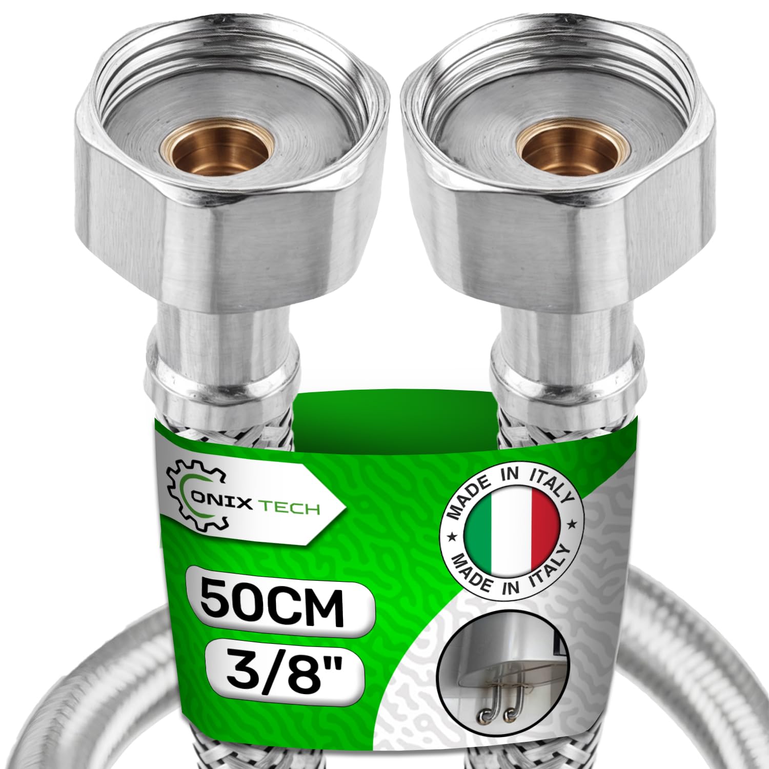 Flexible Tap Connector 50 cm Internal Thread 3/8" - Gasket Not Included - Made in Italy - Warranty 5 Years - ONIX TECH