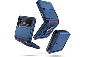 Janmitta Samsung Galaxy Z Flip 4 Case Built in Slide Camera Lens Cover+Hinge Protection+Finger Ring Stable Kickstand, Heavy Duty Shockproof Full Body Protective Phone Cover,2022 Blue