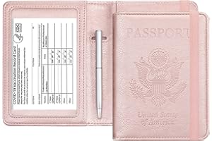 HOTCOOL Passport and Vaccine Card Holder Combo Leather RFID Blocking Wallet with Elastic Strap Travel Cover Case for Passport, with USA CDC Vaccination Card Slot, with Pen, Rose Gold