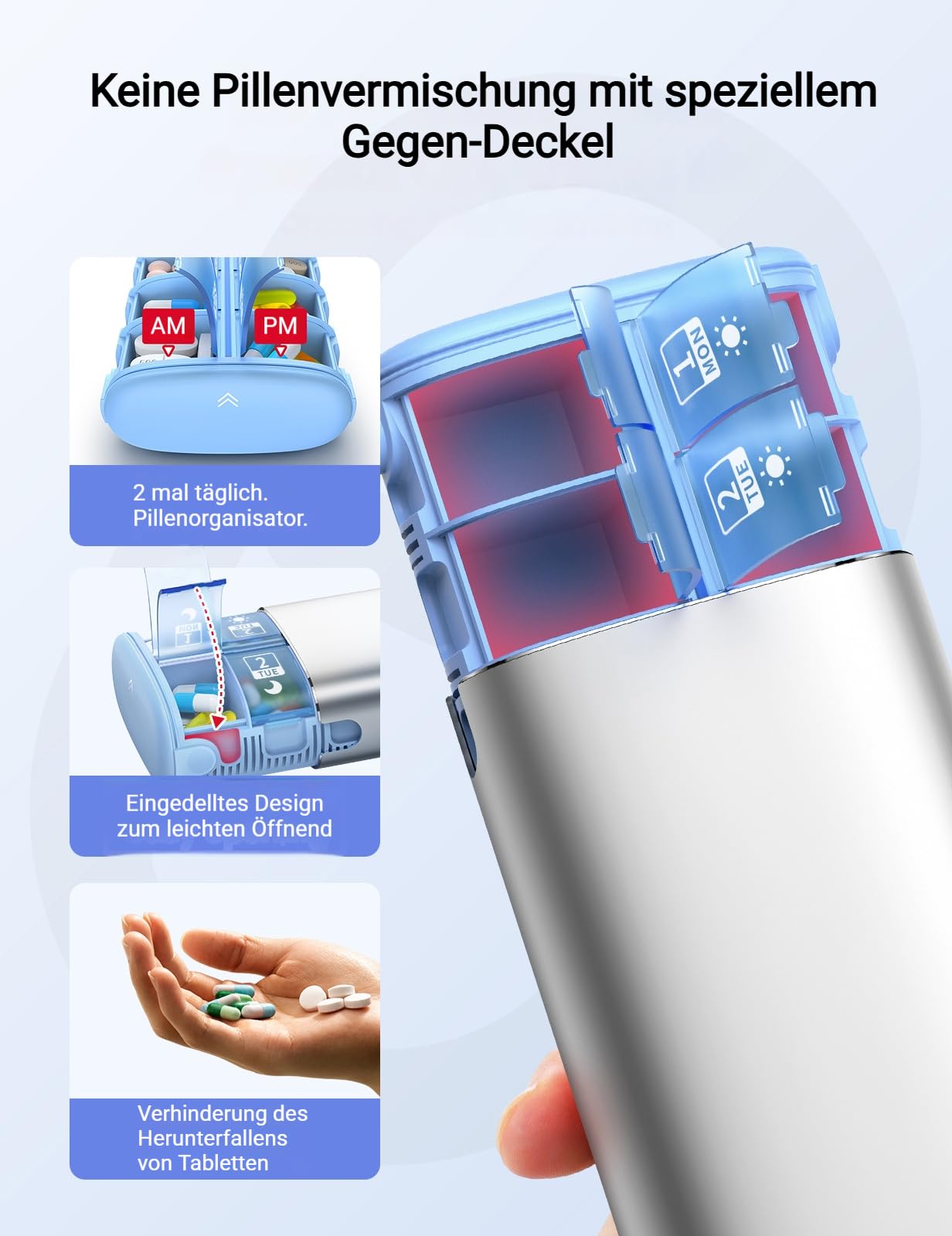 VAYDEER Tablettenbox 7 Tage [LFGB-zertifiziert] [Trockensicher] [Lichtgeschützt] [Aluminium] Reise-Pillendose Tabletten-Organizer für 2× täglich Medikamentenbox, morgens & abends Silber 3