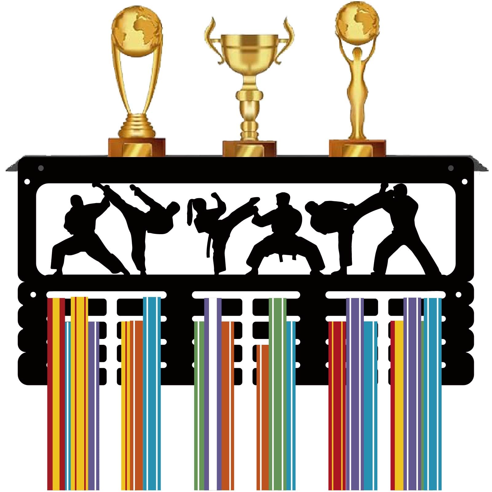 CREATCABIN Karate Medal Holder Trophy Shelf Medal Hanger Display with Shelf Stand Sports 4 Rows Wall Mount Hold 70+ Medals for Men Women Soccer Running Swimming Awards Rack 15.7 x 7.9 Inch