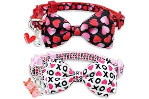 Pohshido 2 Pack Valentine Cat Collar with Bow Tie, and Charms Holiday Heart XOXO Pattern Collar with Bell for Boys and Girls Cats, Male and Female
