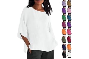 Gamivast Linen 3/4 Sleeve Tops for Women 2024 Trendy Solid Color V Neck Shirts Loose Summer Tshirt Oversized Casual Tops