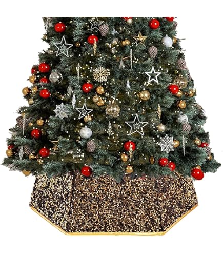 Collier D'arbre De Noël Rond à Paillettes Rouge - Jupe Décorative De 61 Cm De Diamètre, Avec Ruban De Fixation