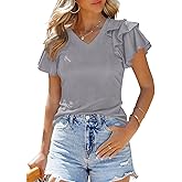 SHEWIN Womens Summer Tops Ruffle Short Sleeve T Shirts Casual Slim Fit