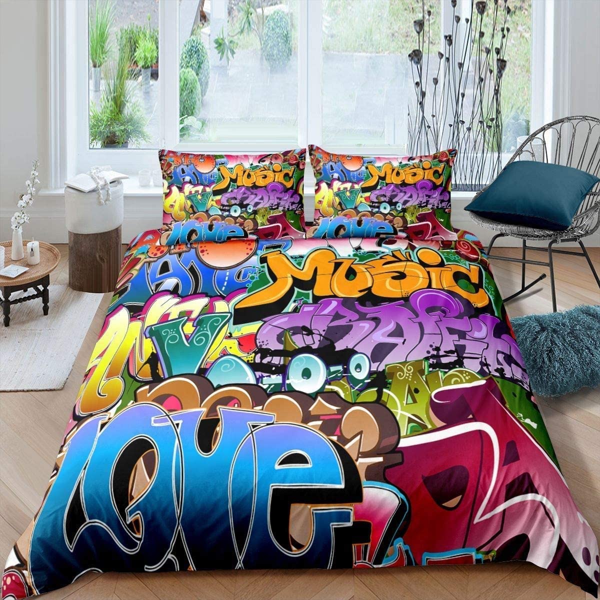 Loussiesd Graffiti Style Bedding Set Kids Hip Hop Theme Comforter Cover for Boys Teens Youth Illustration, Decorative Young Man Duvet Cover Street Culture 2 Pcs Single Bedding & Linen with Zipper
