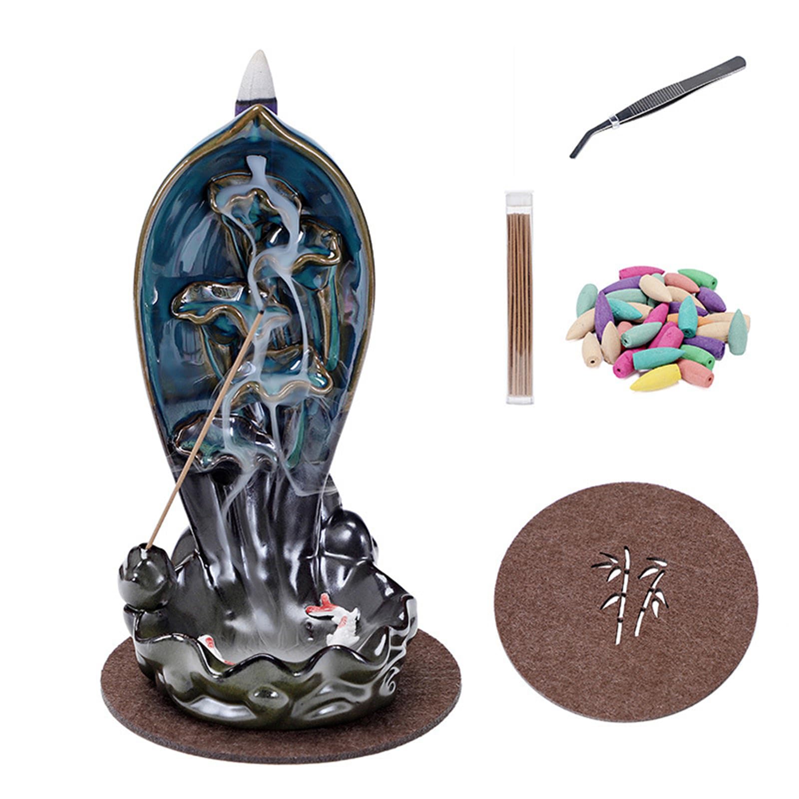 Ceramic Backflow Incense Holder with Incense Cones & Sticks - Waterfall Incense Burner - Aromatherapy Home Decor