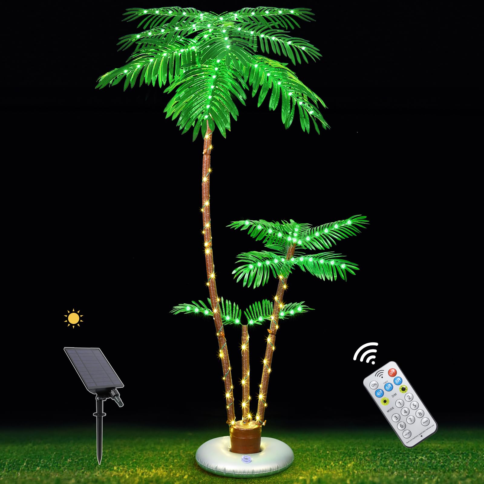 Photo 1 of OUSHENG Solar Lighted Palm Tree for Outside Patio, 6' 3 Trunks Outdoor Christmas Decoration Decor, Light Up LED Artificial Trees Lights for Bar Home Party Yard Pool Porch Deck Tropical
