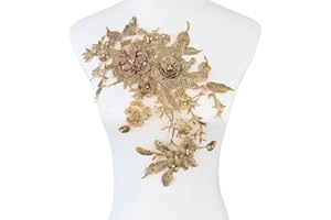 Silvora Colorful Flower Fabric Beaded Lace Applique,3D Embroidered Flower Fabric Patch for Bridal Dress, Handmade Sewing Tool for Wedding DIY Crafts(Gold-2)