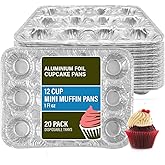PARTY BARGAINS 12-Cup Aluminum Mini-Muffin Pans - 20 Pack, Mini-Cupcake Pans, Disposable Tin for Baking (Max 240°C)