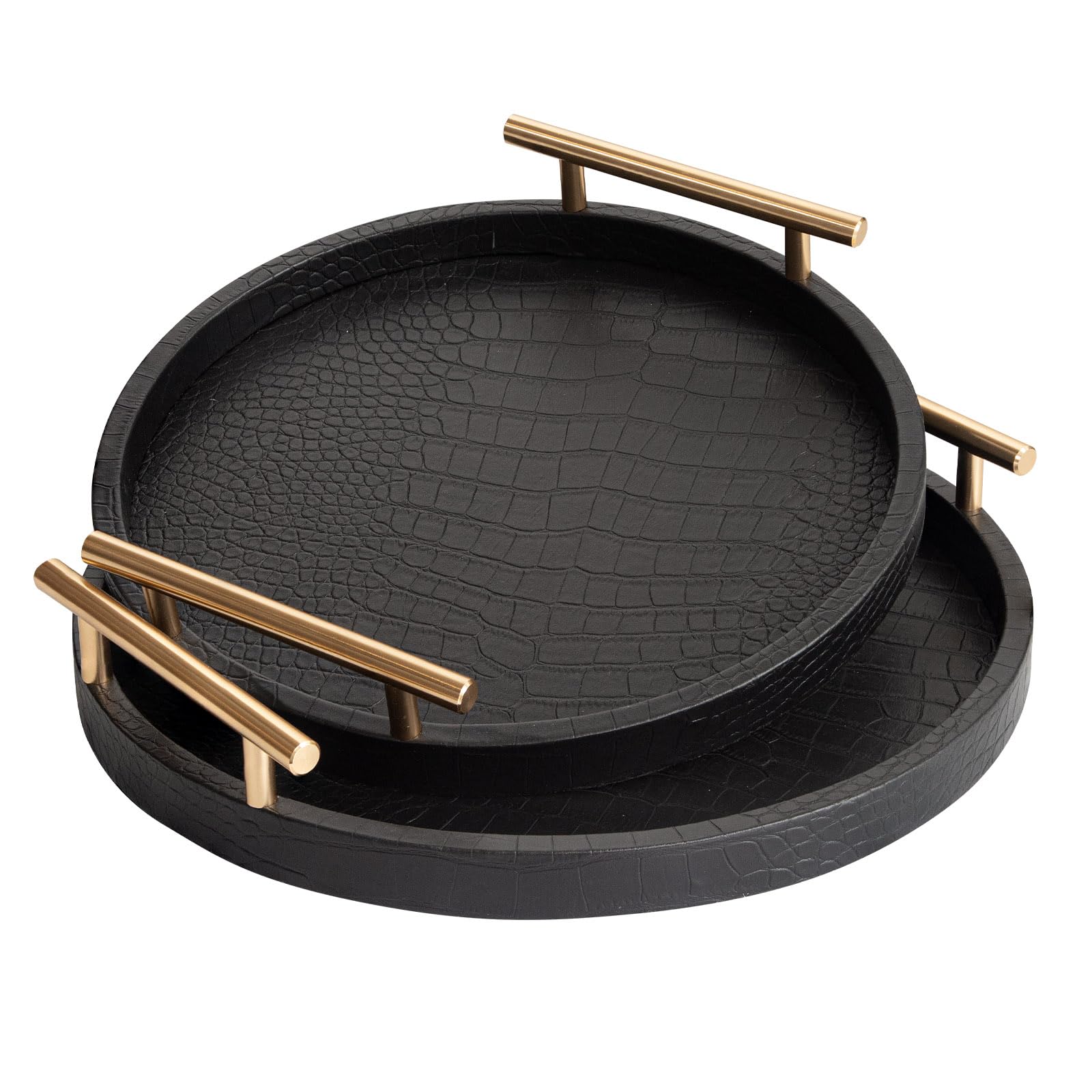 Photo 1 of JUMBO HUMBLE Decorative Serving Trays, Set of 2 Wood Modern Crocodile Leather Round Tray with Polished Metal Handles, Decorative Trays Coffee Table Tray Ottoman Platter for Home Decor (Black)