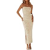 ZESICA Women's 2026 Summer Floral Strapless Maxi Dress Bodycon Tube Side Slit Mesh Wedding Guest Cocktail Party Long Dresses