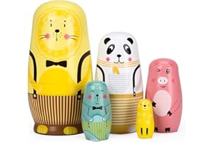 Bgraamiens Nesting Dolls Russian Matryoshka Wood Stacking Dolls for Kids Handmade Toys(Bib Lion)