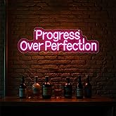 Progress Over Perfection Neon Sign, Positive Affirmation LED Light for Wall Decor Back to School Classroom Decor Motivational Signs Positive Aesthetic, Home Man Cave Office Art for Library Study Room-Pink
