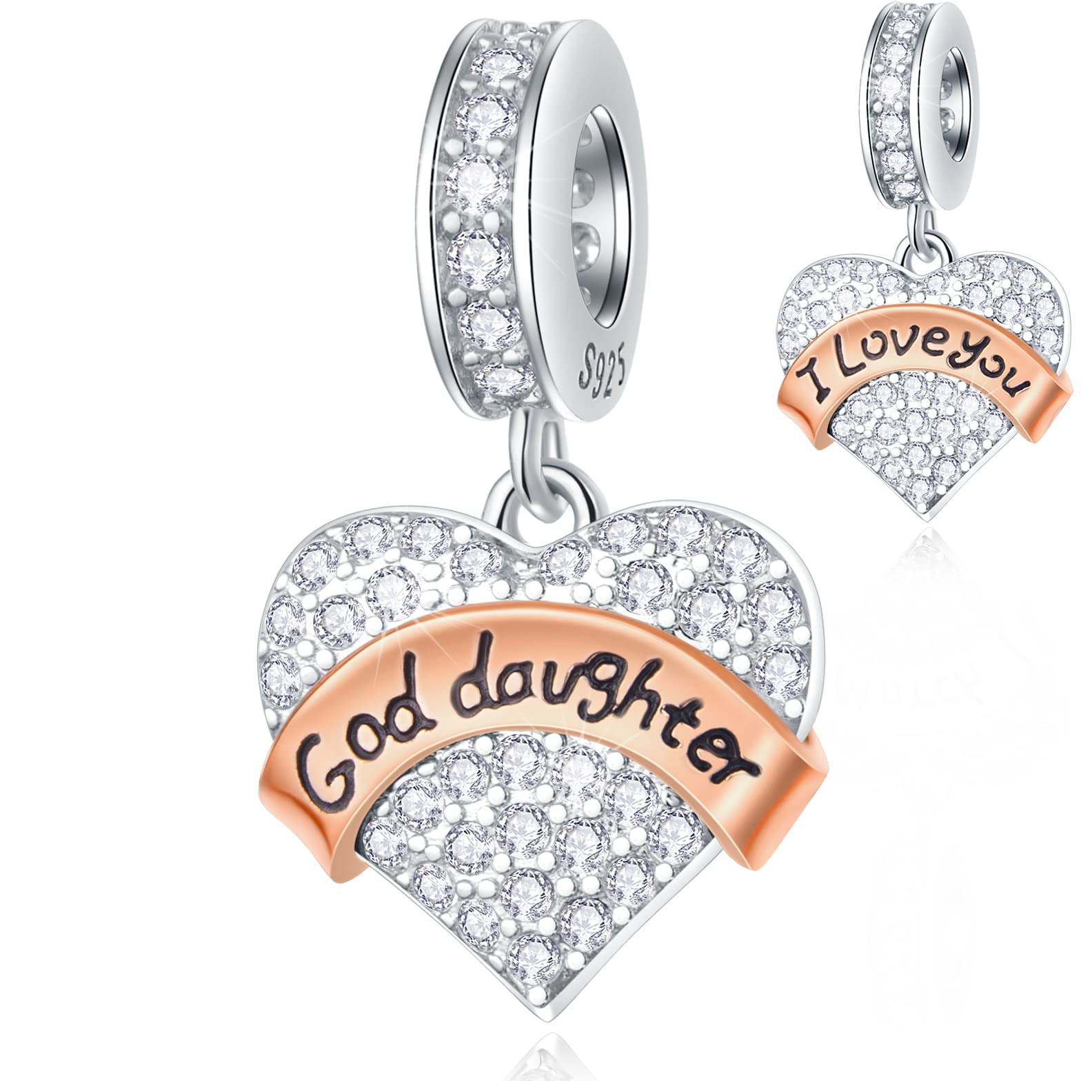I Love You Goddaughter Heart Pendant Charms in 925 Sterling Silver, fits Pandora Mothers Day Bracelet, Clear Sparkle CZ God Daughter Dangle Beads, Gift for Christmas/Thanksgiving