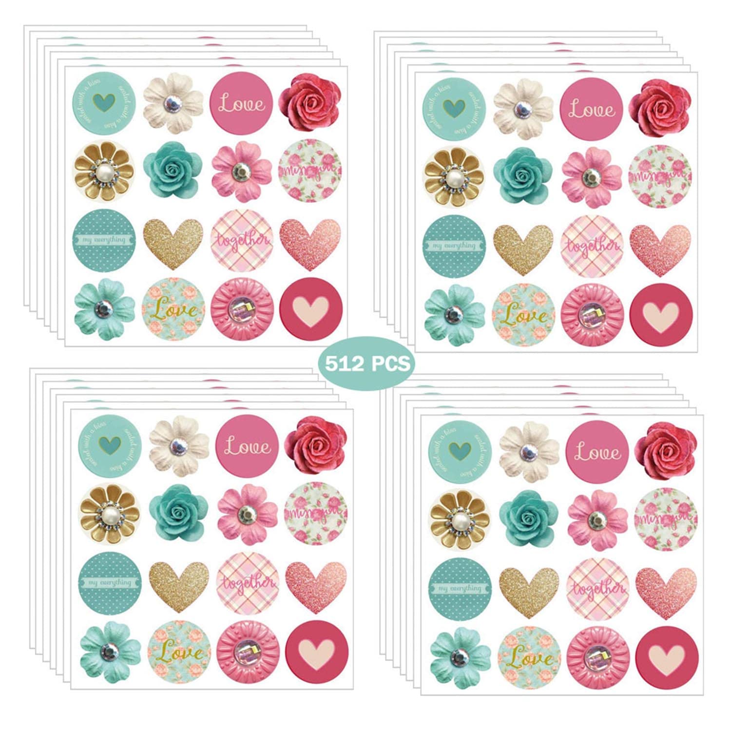 512 Pieces Thank You Sticker, Round Sticker with Flower, Colored Flower Heart Adhesive Sealing Stickers Labels for Craft Card Making, Weddings (16 Style)