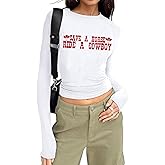 Tewmeu Cowgirl Outfits for Women Western Country Concert Graphic Crop Tops Rodeo Cropped Tight Long Sleeve Shirts