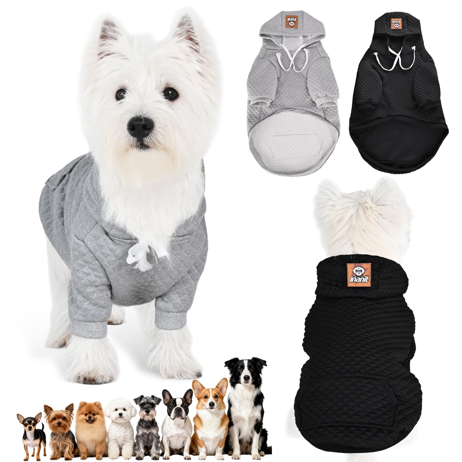 Photo 1 of 2 Pack Dog Hoodie for Medium Large Small Dogs, Soft Warm Dog Sweater Jackets Winter Fall Pet Hooded Clothes Custume Dogs Sweatshirt with Leash Hole and Pocket, Black ans Grey, M