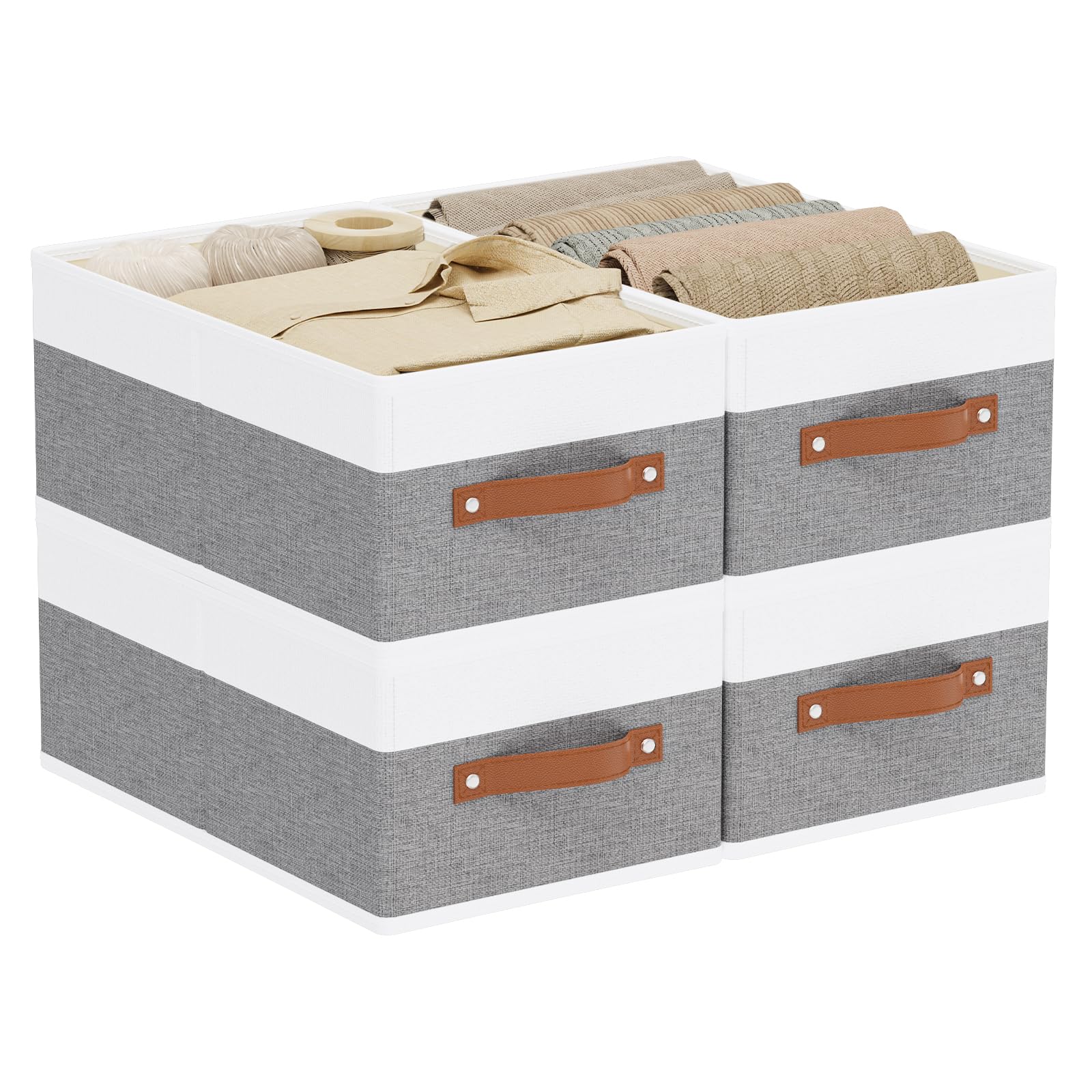 YheenLf Collapsible Storage Boxes, Open Foldable Baskets for Organizing with Handles, Fabric Containers Cubes for Wardrobe, Closet, Gray, 41×25×16.5cm, 4-Pack