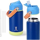 Kids Insulated Water Bottle with Straw Lid & Silicone Handle,12oz Kids Leak Proof Water Bottle for School Boys Girls,Double Wall Vacuum Stainless Steel with Non-slip Silicone Base(Dark Blue)