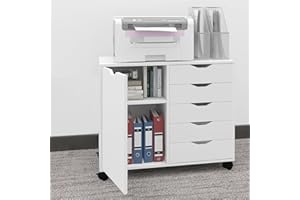 PUNCIA 5-Drawer Mobile Wood File Cabinet with Lateral Drawers and Door - Rolling Multi-Drawer Filing Cabinet Organizer with W