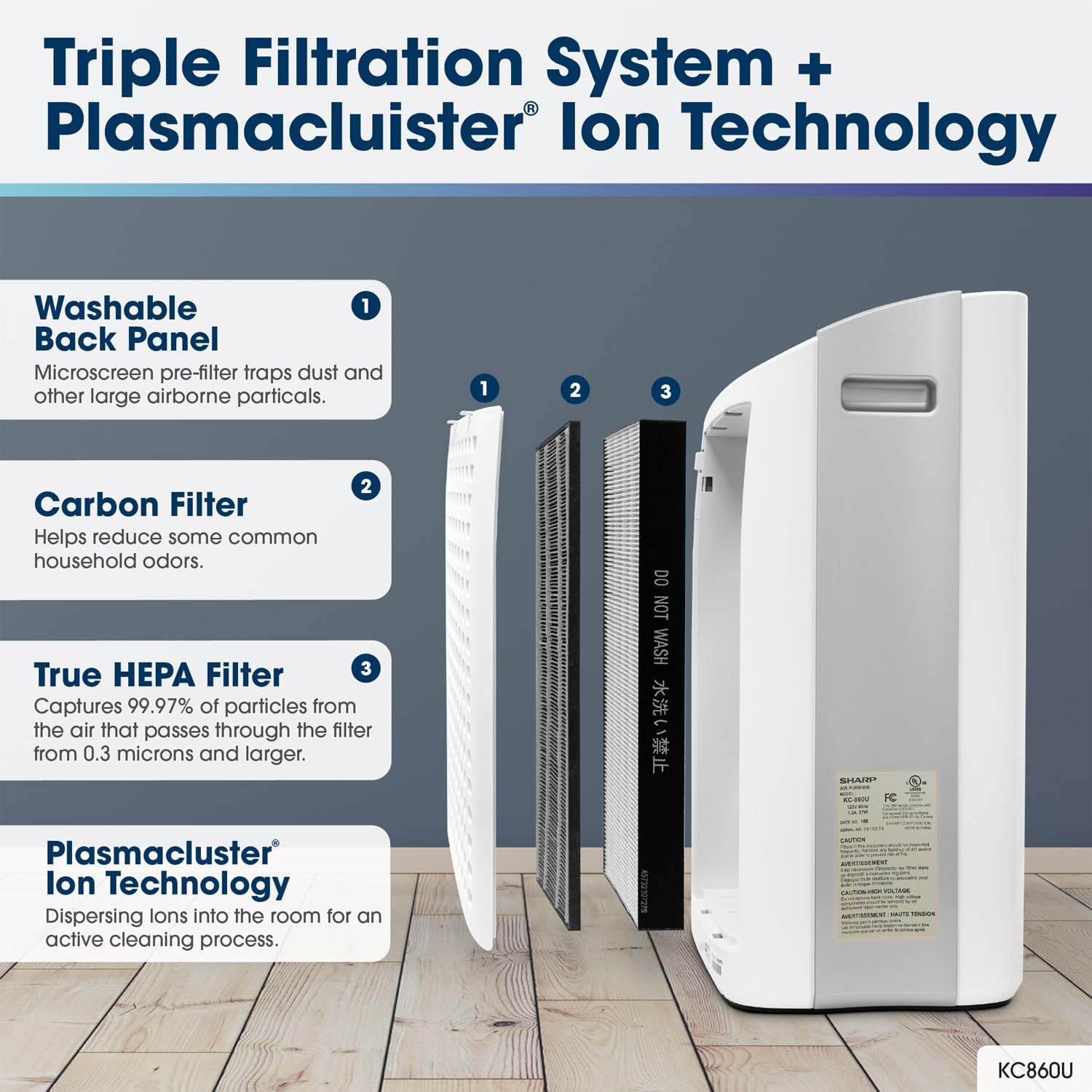 SHARP Air Purifier and Humidifier. Plasmacluster Ion Technology and Triple Filtration, including True HEPA Filter. Covers up to 1,650 sq. ft. for Large Rooms, for Dust, Smoke, and Pollen. KC860U
