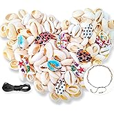 DINGPAI 160Pcs Natural Spiral Shell Beads, White and Colored Open Back Shell Beads Smooth Cut Cowrie Shells with Black Waxed Cotton Cord for DIY Craft Jewelry Making,Adorning Hair Locks and Braids