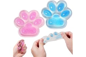 JIACAI 2pcs Pink Blue Squishy Cat Paw Squeeze Toys, Ice Through Sparkling Powder Kawaii Sticky Squishies PVC Toys, Stress Relieving Fur Ball OPP Packaging Gifts for Kids Teenage (2pcs Pink Blue)