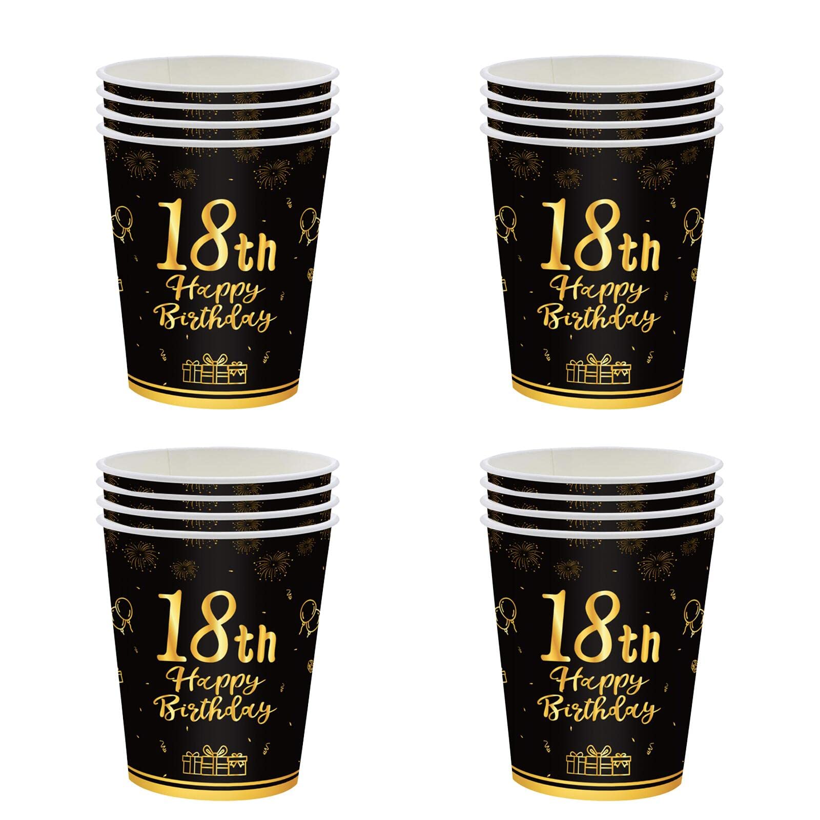 Happy 18th Birthday Paper Cups - Black and Gold 16Pc Disposable Tableware for Party Decorations - Supplies for Girls, Boys, Kids, Him, Her - Table Decor