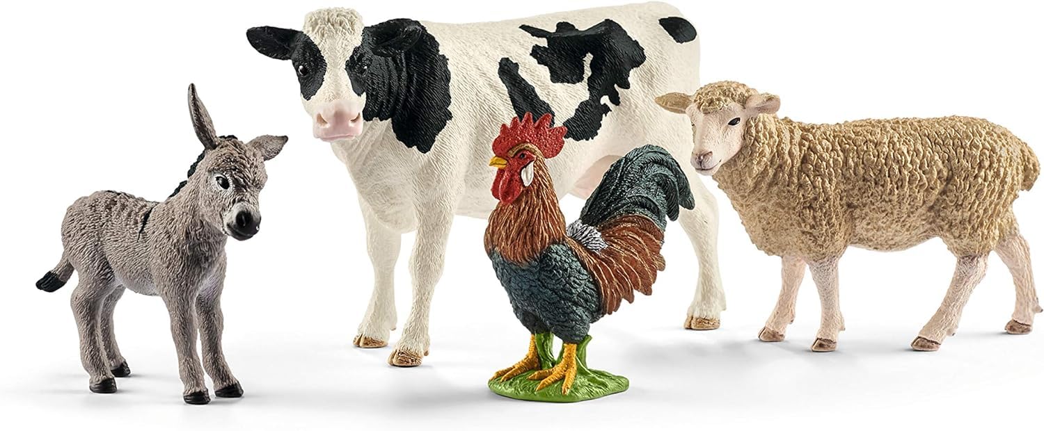 SCHLEICH FARM WORLD - 42385 Starter Set, Includes 4 x Collectable Toy Farm Animals, Cow, Sheep, Donkey Foal and Rooster Animals Toys for Kids ages 3+