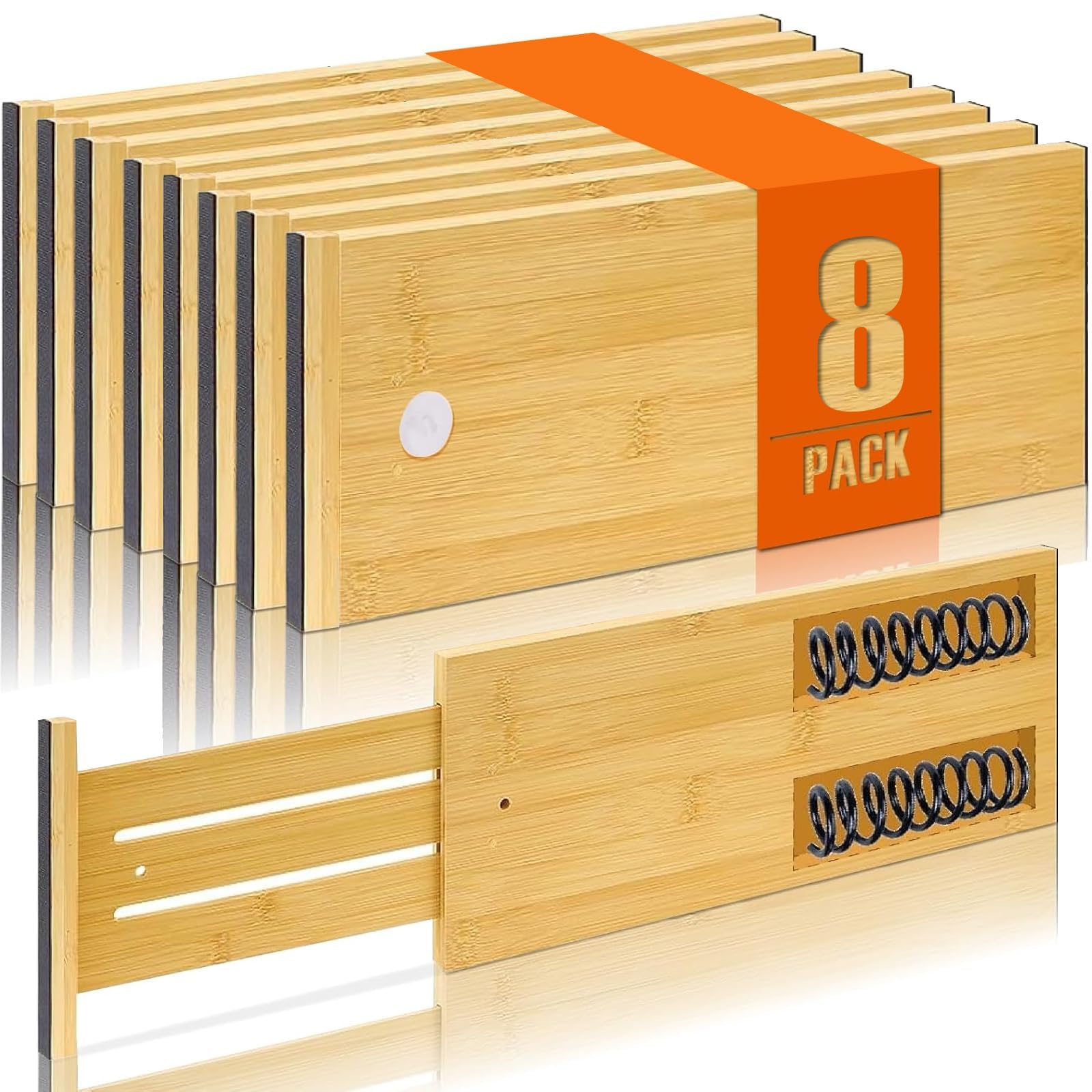 Photo 1 of ZhowHoHo 8 Pcs 6'' High Bamboo Drawer Dividers, Non-slip Deep Kitchen Dresser Drawer Organizer with Spring Loaded Adjustable Expandable from 13.5-22 Inch Drawer Separators for Clothes